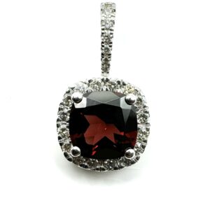 9ct White Gold Garnet Diamond Pendant Cushion Shaped