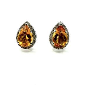 9ct White Gold Citrine Diamond Gemstone Earrings Pear Shaped